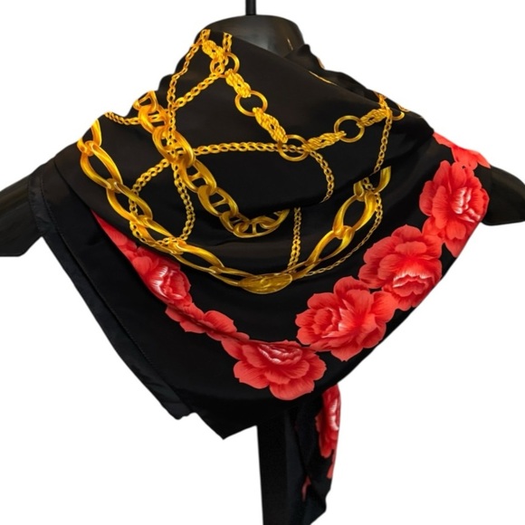 Large Black Satin Scarf with Gold Chain Print & Red Floral Border Square Scarf - Picture 5 of 12